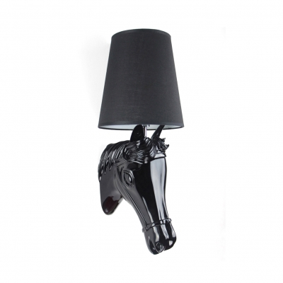 Traditional Sconce Light with Black/White Tapered Shade and Horse Decoration Single Light Resin and Fabric Wall Light for Hotel