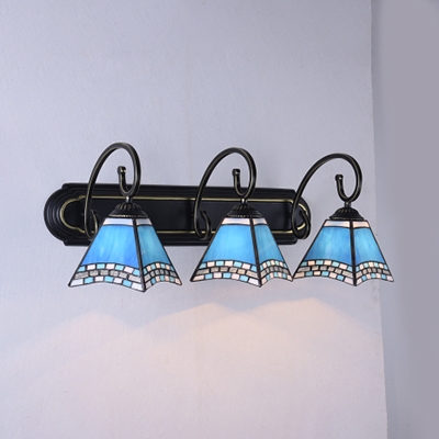 Trapezoid Dining Room Sconce Lamp Glass 3 Lights Mediterranean Style Wall Light in Blue