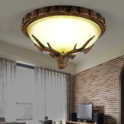 Vintage Style Domed Shape Flush Mount Light Resin and Glass 3 Lights Ceiling Fixture with Deer Decoration