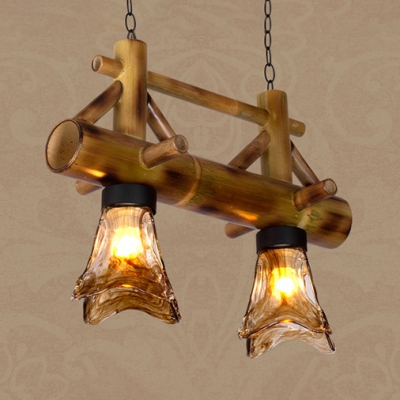 American Rustic Island Light 2/3 Lights Bamboo and Glass Ceiling Light for Restaurant Coffee Shop