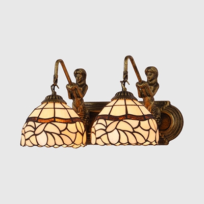 Antique Style Dome Wall Light Stained Glass 2 Lights Sconce Light with Mermaid for Bathroom