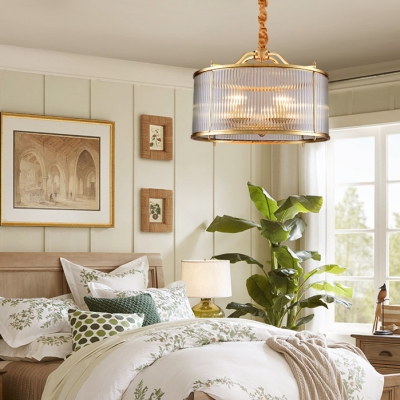Antique Style Drum Shade Chandelier Metal and Fluted Glass Hanging Light for Bedroom Dining Room