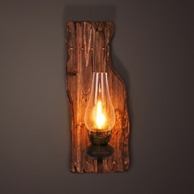 Antique Style Kerosene Wall Light Single Light Wood and Glass Sconce Light for Hallway Living Room