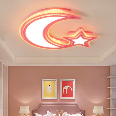 Boy Girl Bedroom Flush Ceiling Light White Lighting/Third Gear/Step Dimming Acrylic White/Blue/Pink Moon Star Ceiling Fixture
