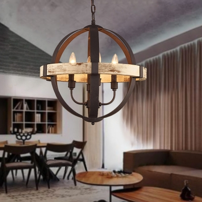 Candle Pendant Light with Wood and Metal Globe Shade 4 Lights Antique Style Chandelier for Dining Room