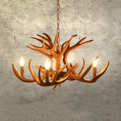 Candle Shape Chandelier with Deer Horn 4/6 Lights Antique Style Resin Pendant Light for Dining Room