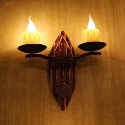 Candle Style Wall Light Corridor 2 Lights Vintage Sconce Light with Wooden Base in Aged Brass