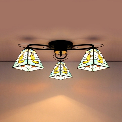 Conical Semi Ceiling Mount Light 3 Lights Tiffany Style Glass Overhead Light for Bedroom