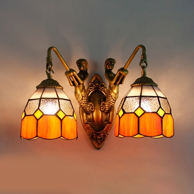 Dome Dining Room Sconce Light Stained Glass 2 Lights Vintage Style Wall Light in Green/Orange
