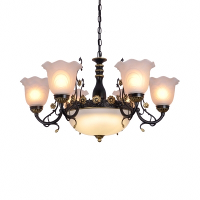 Dome Living Room Pendant Lamp Frosted Glass 6 Lights Traditional Chandelier in Black/Blue/Pink/White
