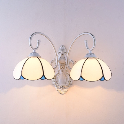 Dome Shape Wall Lamp 2 Lights Tiffany Style Blue/Beige/Clear/White Glass for Stair Foyer