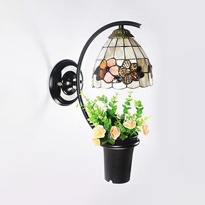 Flower Pattern Sconce Light 1 Light Tiffany Style Stained Glass Wall Lamp with Plant Decoration for Bedroom
