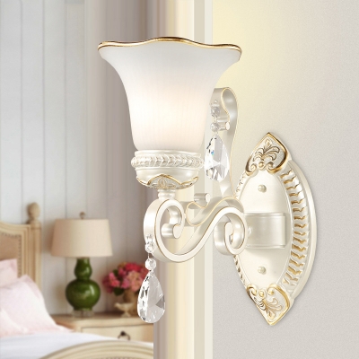Glass Bell Shade Wall Sconce Dining Room 1/2 Lights Elegant Style Wall Light with Crystal in White