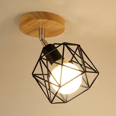 Industrial Caged Semi Flush Ceiling Fixture 1 Light Metal Rotatable Ceiling Light in Black