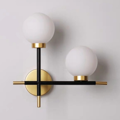 Metal Frosted Glass Wall Sconce with White Globe Shape 2 Lights Modern Sconce Wall Light for Bedroom