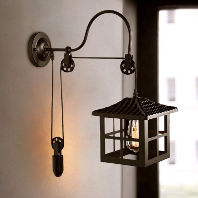 Pulley Wall Lighting Restaurant One Light Industrial Metal Sconce Light with Black House Shape