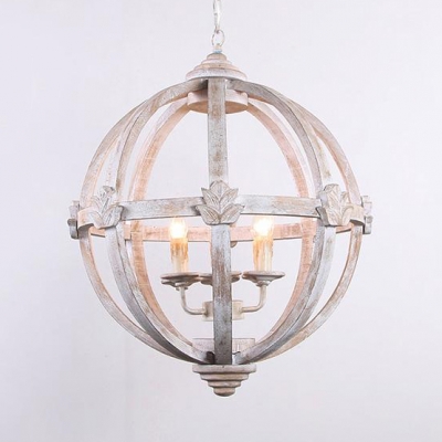 Rustic Style Chandelier Light with Orb Shape 4 Lights Metal and Wood Pendant Light in White