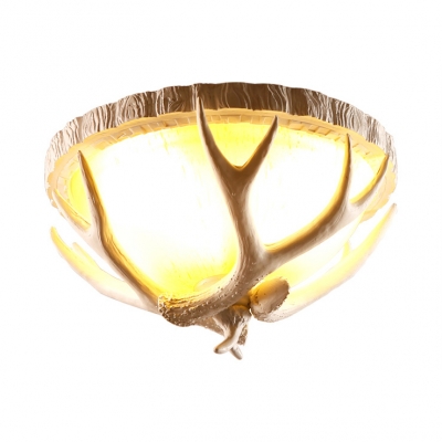 Rustic Style White Ceiling Light Fixture with Domed Shade and Antlers 3 Lights Resin and Glass Flush Light