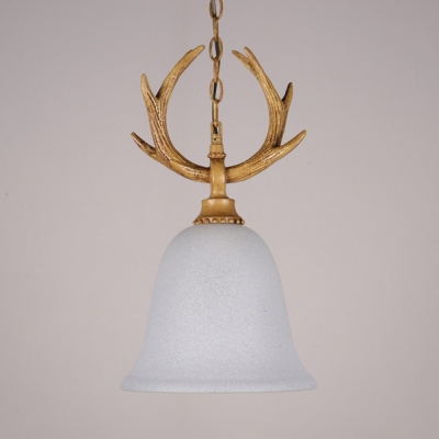 Single Light Pendant Light with White Bell Shape and Antlers Decoration Vintage Style Resin Ceiling Light