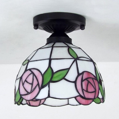 Stained Glass Bowl Flush Light 1 Light Yellow Victoria/Magnolia/Rose/Blue Victoria Ceiling Light for Bathroom