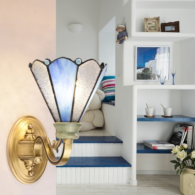 Stained Glass Cone Wall Light Bedroom Single Light Tiffany Style Sconce Light in Blue and White
