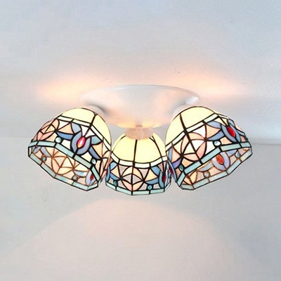 Stained Glass Dome Ceiling Lamp Living Room 3 Lights Magnolia/Leaf/Beads Tiffany Style Flush Mount Light