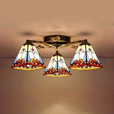 Stained Glass Tapered Semi Flush Mount Light 3 Lights Tiffany Style Ceiling Light for Restaurant