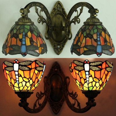 Stair Hallway Dragonfly Wall Sconce Stained Glass 2 Lights Tiffany Style Antique Wall Lamp