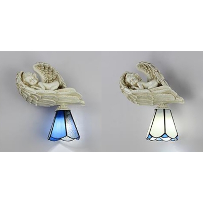 Stair Shop Cone Wall Sconce 1 Light White/Blue Glass and Resin Tiffany Wall Lamp with Angel Decoration