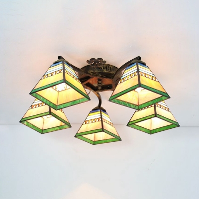 Tapered Foyer Semi Flush Mount Light Stained Glass 5 Lights Rustic Style Ceiling Light