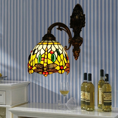 Tiffany Antique Down Light Sconce Stained Glass Metal Dragonfly Pattern Wall Light for Bedroom Hallway