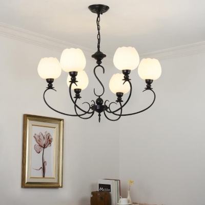 Traditional Black Pendant Lighting Flower Shade 6/8 Lights Frosted Glass Chandelier for Hotel