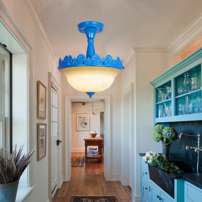 Traditional Dome Semi Flush Mount Light Glass 3 Lights Blue/Pink/White Ceiling Lamp for Foyer