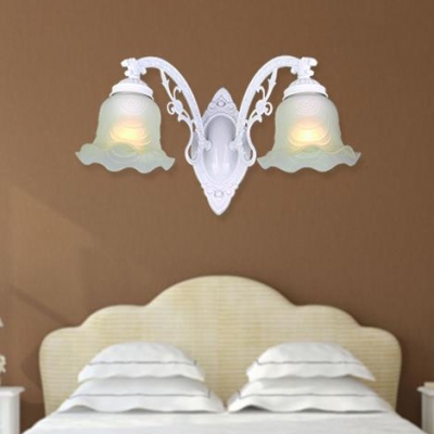 Vintage Style Flower Shade Sconce Light Metal Frosted Glass 1/2 Lights White/Black Wall Lamp for Bedroom