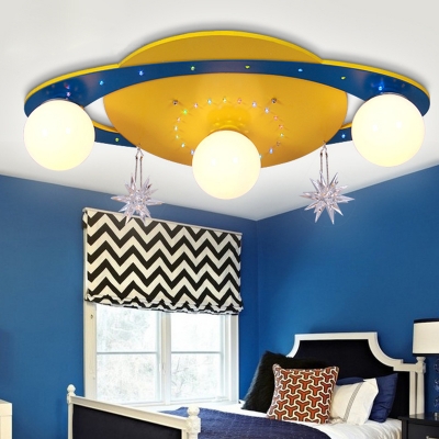 Yellow and Blue Spaceship Ceiling Light Creative Acrylic Wood LED Flush Mount Light for Boy Girl Bedroom
