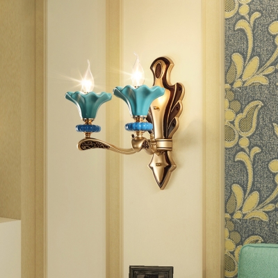 1/2 Lights Flower Shade Wall Lamp Mediterranean Style Metal and Ceramics Sconce Light for Bedroom Living Room