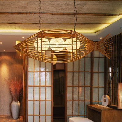 3/4-Light Fish Island Light for Restaurant Asian Bamboo Woven Chandelier in Beige with Adjustable Chain