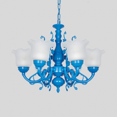 3/5/6 Lights Flower Chandelier Elegant Style Metal Suspension Light in Blue/Pink for Dining Room