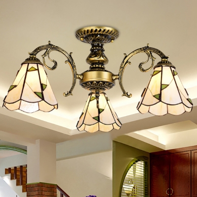 3 Lights Cone Ceiling Lamp Tiffany Style Rustic Glass Semi Flush Mount in Aged Brass/White for Study