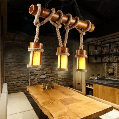 3 Lights Cylinder Hanging Lighting Vintage Style Bamboo and Rope Island Pendant for Restaurant Bar