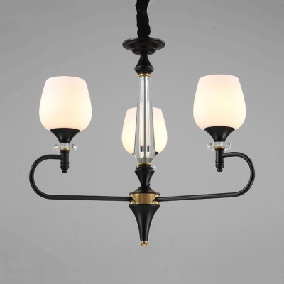 3/6 Lights Flower Chandelier Traditional Frosted Glass Suspension Light in Black for Kitchen