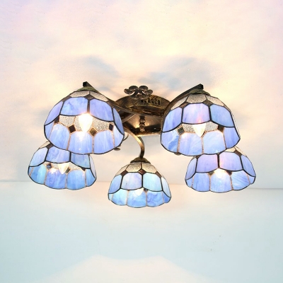 5 Lights Dome Ceiling Light Tiffany Style White/Clear Glass Semi Flush Ceiling Lamp for Living Room
