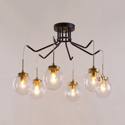 6 Lights Globe Chandelier European Style Metal and Glass Suspension Light in Black for Dining Room
