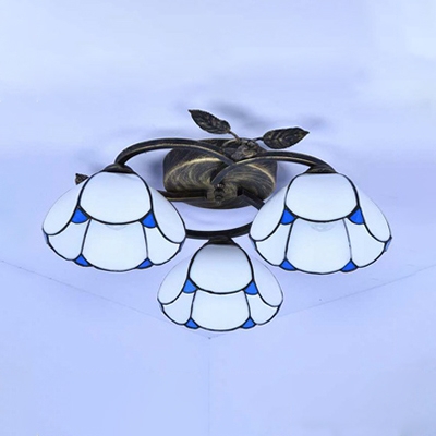 Blue/Beige/White Glass Ceiling Lamp 3 Lights Rustic Dome Semi Flush Mount Light for Restaurant