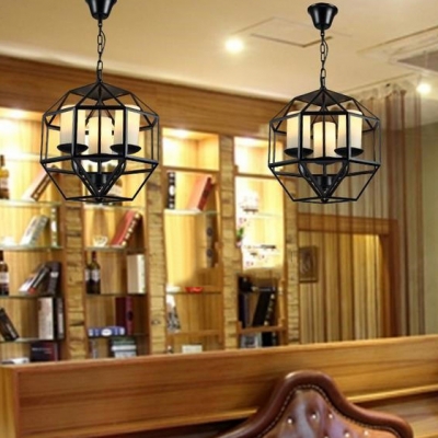 Candle/Cylinder Shape Chandelier with Cage 3 Lights Industrial Metal Suspension Light in Black for Dining Room