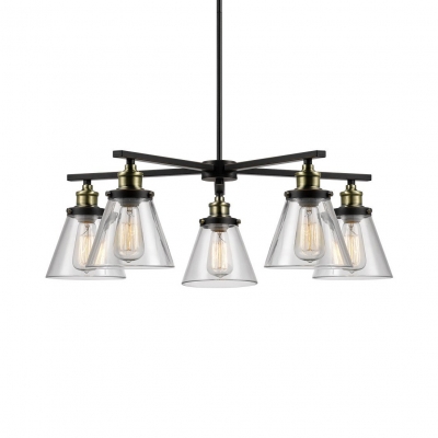 Clear Glass Cone Chandelier 5 Lights Industrial Ceiling Pendant Light in Aged Brass