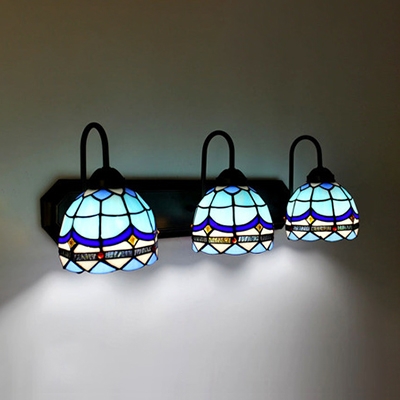 Dome Living Room Wall Sconce Stained Glass 3 Lights Mediterranean Style Wall Light in Blue