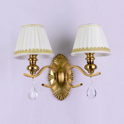 Fabric and Metal Sconce Light with Crystal Decoration 1/2 Lights Vintage White Tapered Shade Sconce Lamp for Bedroom