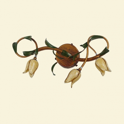 Foyer Hallway Flower Sconce Light with Leaf Metal 3 Lights Rustic Style Aged Brass Wall Lamp