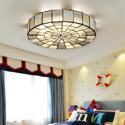 Glass Drum Flush Mount Light Living Room 1 Light European Style Ceiling Lamp in White/Blue